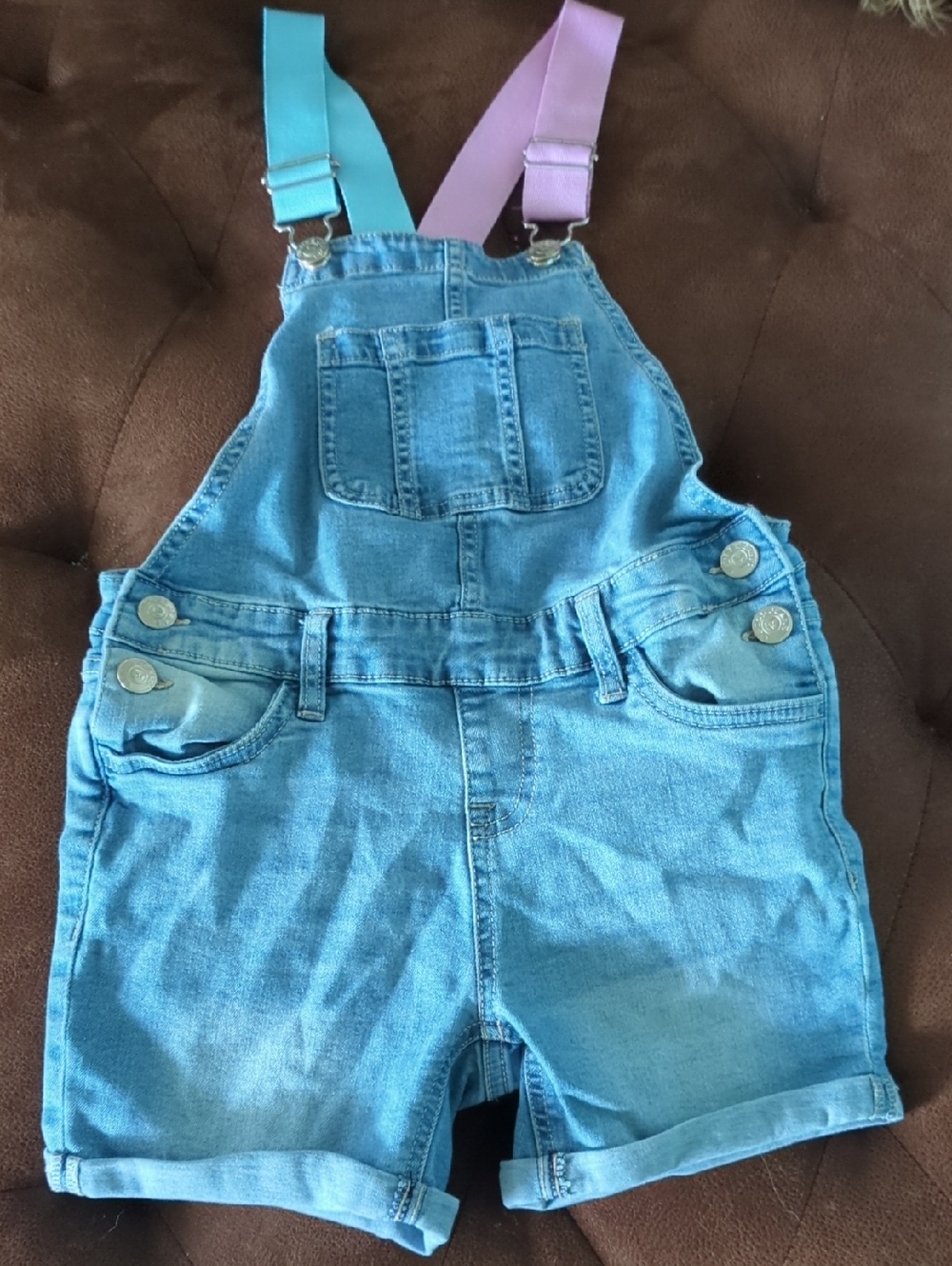 Vigoss Light Blue Denim Short Overalls with Pink & Teal Straps
